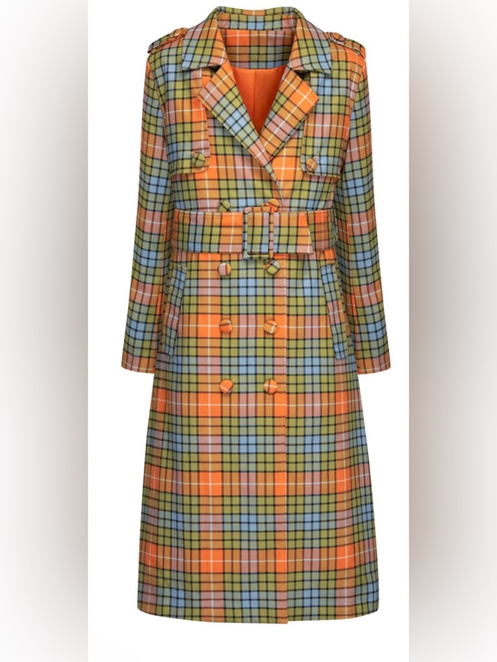 Hilary MacMillan Plaid Belted Trench Coat in Orange & Blue - Picture 2 of 16